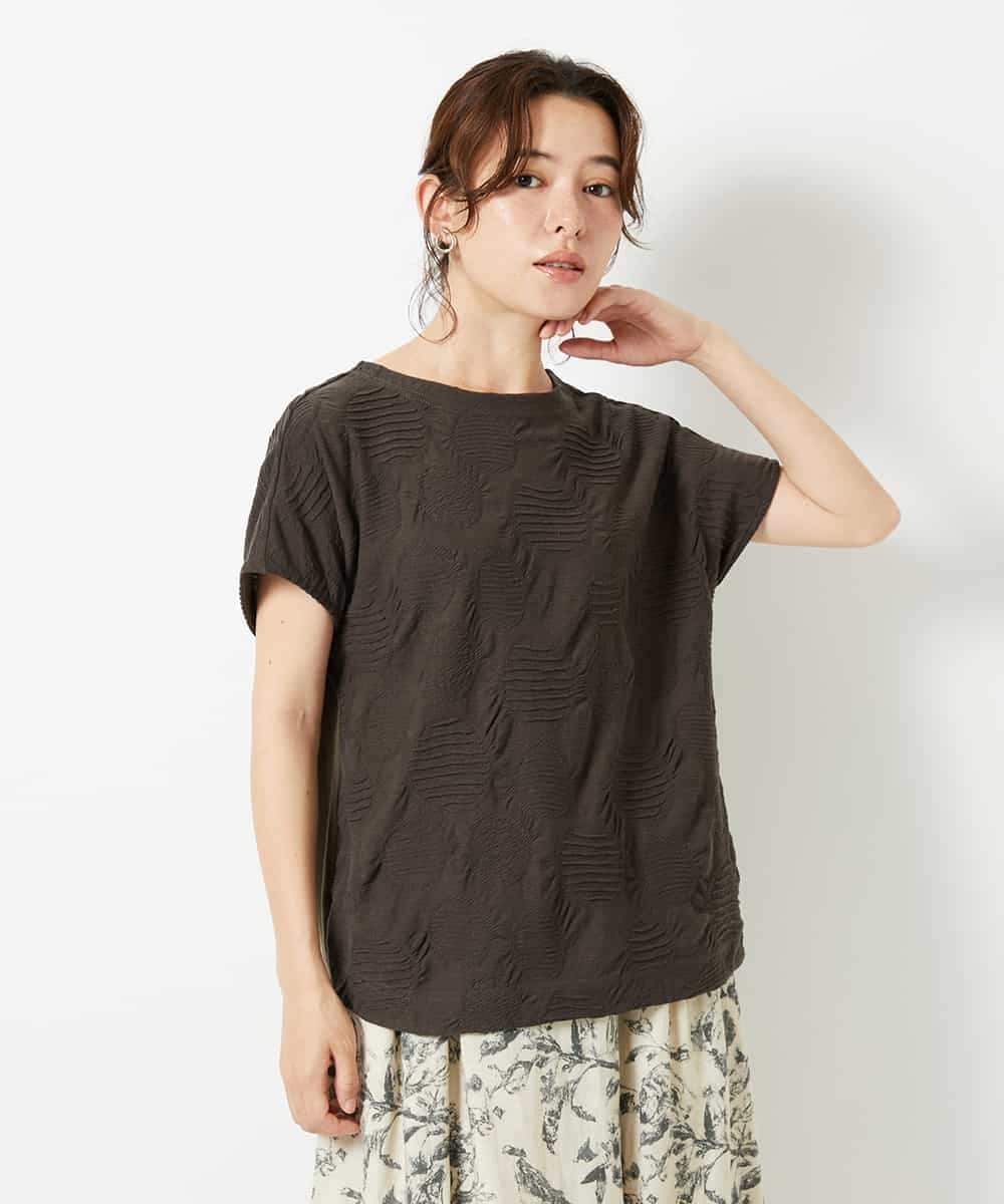 NHKHD69140 GIANNI LO GIUDICE(小さいサイズ)(メゾン ドゥ サンク) [日本製]ドットタックフレンチスリーブ異素材ドッキングカットソー ブラウン