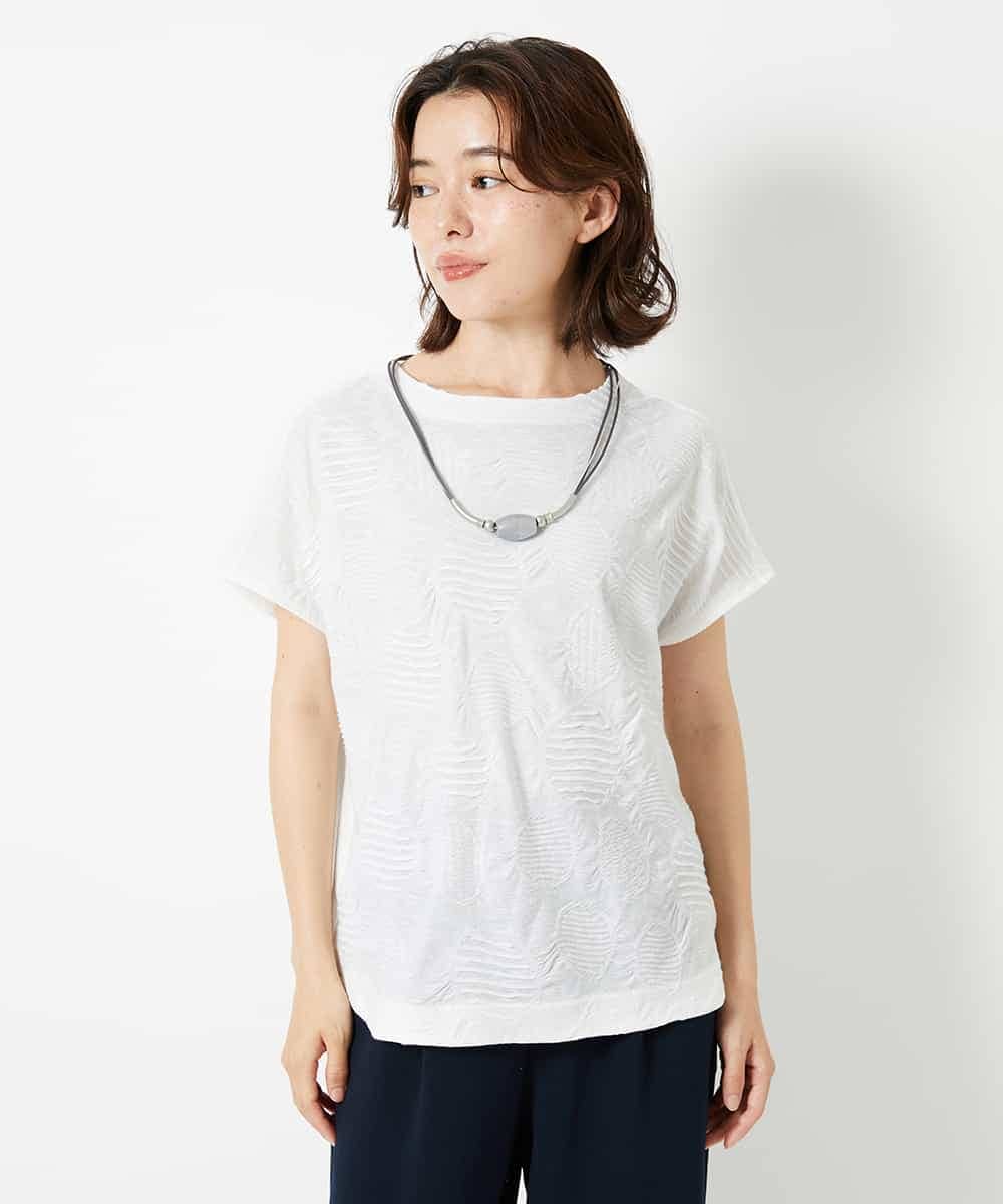 NHKHD69140 GIANNI LO GIUDICE(小さいサイズ)(メゾン ドゥ サンク) [日本製]ドットタックフレンチスリーブ異素材ドッキングカットソー ホワイト