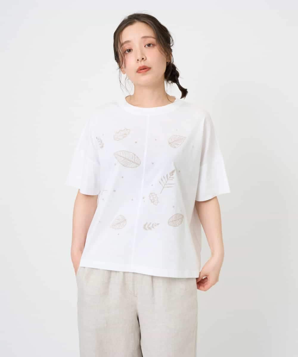 NHKHE62180 GIANNI LO GIUDICE(小さいサイズ)(メゾン ドゥ サンク) コットン天竺リーフ刺繍カットソー ブラウン