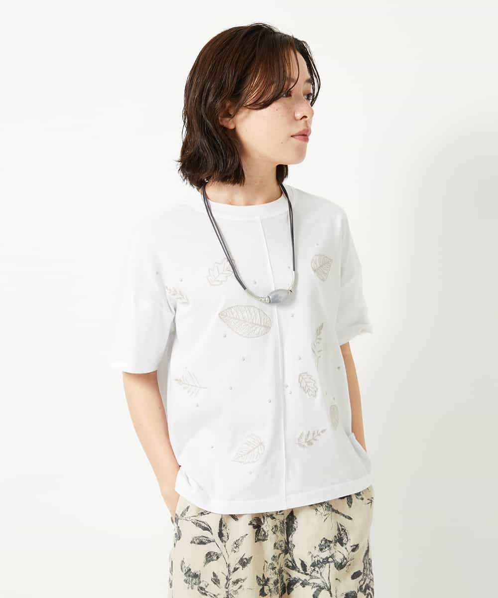 NHKHE62180 GIANNI LO GIUDICE(小さいサイズ)(メゾン ドゥ サンク) コットン天竺リーフ刺繍カットソー ブラウン