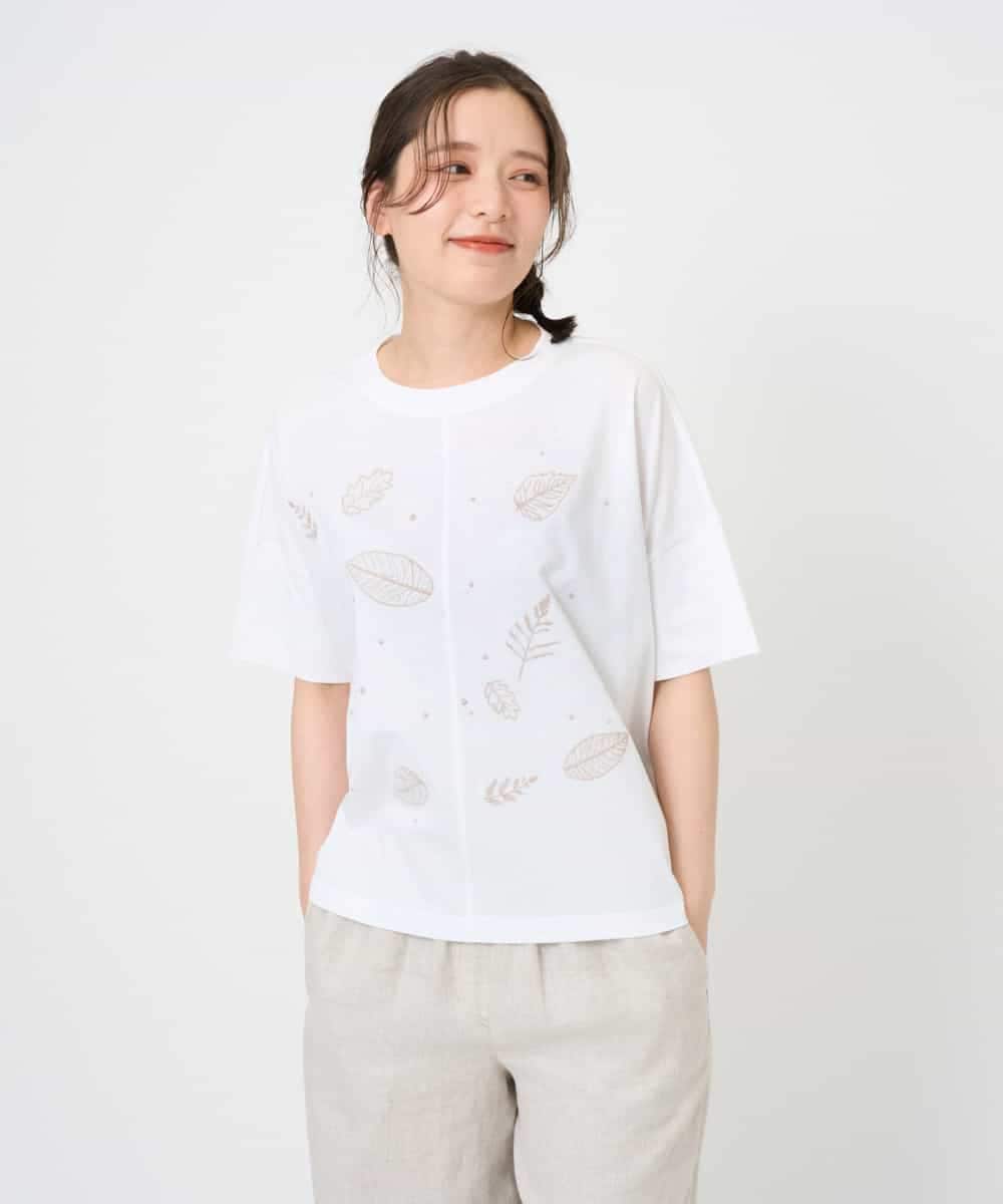 NHKHE62180 GIANNI LO GIUDICE(小さいサイズ)(メゾン ドゥ サンク) コットン天竺リーフ刺繍カットソー ホワイト