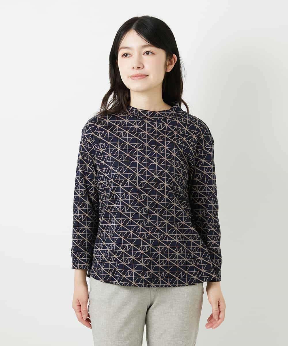 NHKHF89150 GIANNI LO GIUDICE(小さいサイズ)(メゾン ドゥ サンク) ジオメトリックプリントボトルネックカットソー ネイビー