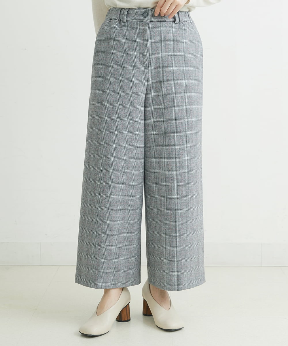 NHLAU86210 GIANNI LO GIUDICE(小さいサイズ)(メゾン ドゥ サンク) ［日本製/洗える］グレンチェックストレッチワイドストレートパンツ グレー系