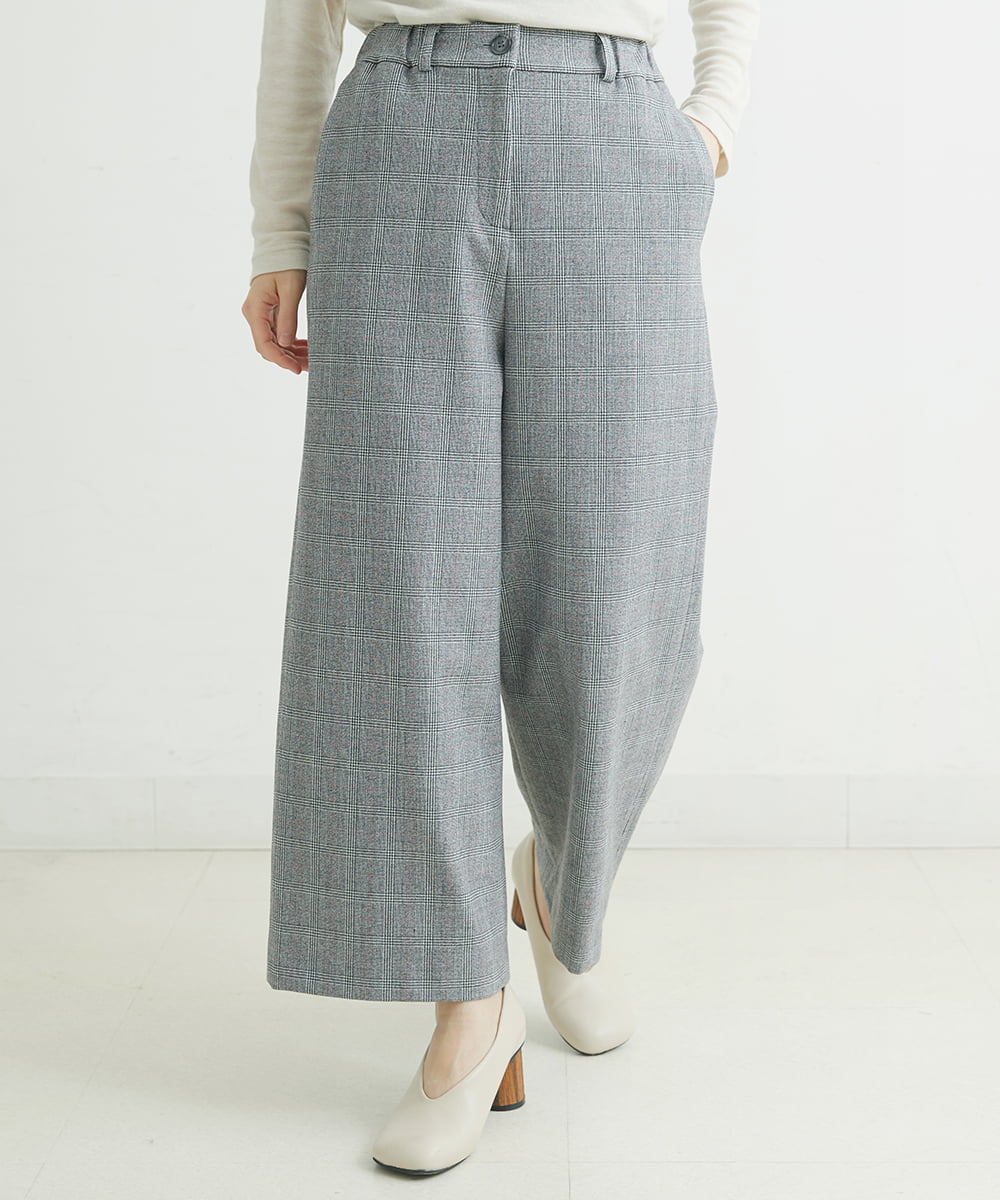 NHLAU86210 GIANNI LO GIUDICE(小さいサイズ)(メゾン ドゥ サンク) ［日本製/洗える］グレンチェックストレッチワイドストレートパンツ グレー系