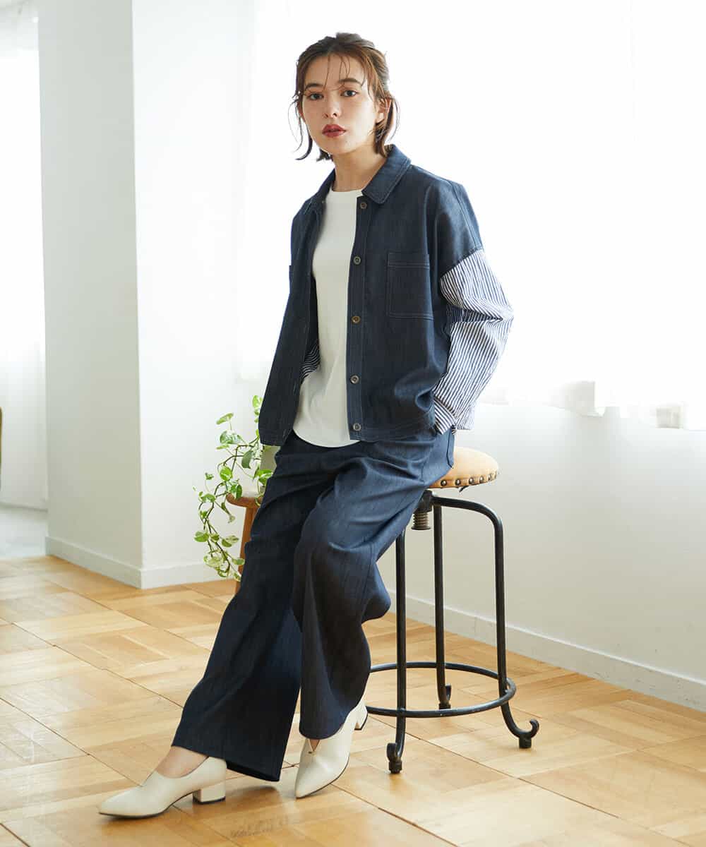 NHLGF85270 GIANNI LO GIUDICE(小さいサイズ)(メゾン ドゥ サンク) [セットアップ対応]デニムライクセミワイドパンツ ネイビー