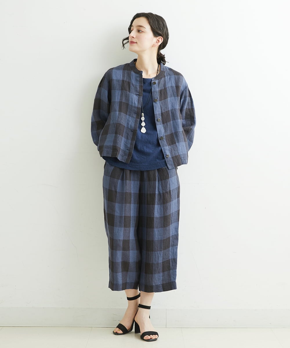 NHLGS10250 GIANNI LO GIUDICE(小さいサイズ)(メゾン ドゥ サンク) 先染めリネンブロックチェックパンツ ネイビー×ブラック