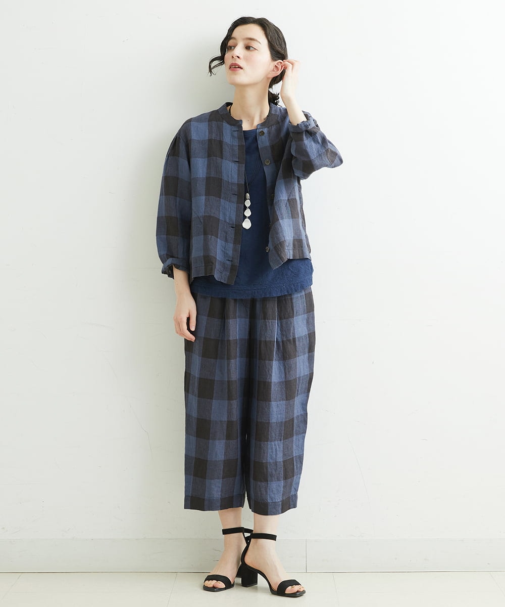NHLGS10250 GIANNI LO GIUDICE(小さいサイズ)(メゾン ドゥ サンク) 先染めリネンブロックチェックパンツ ネイビー×ブラック