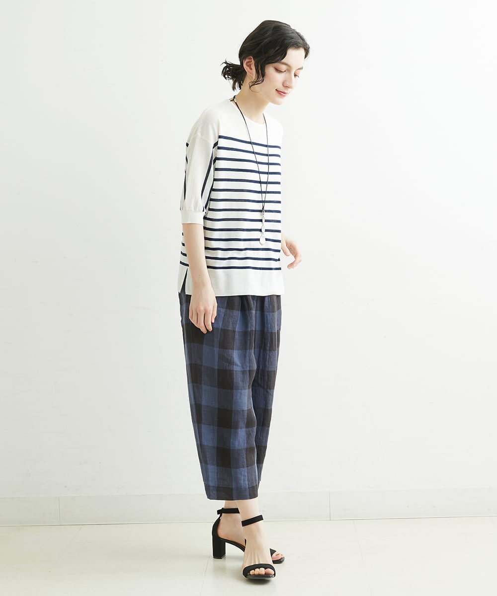 NHLGS10250 GIANNI LO GIUDICE(小さいサイズ)(メゾン ドゥ サンク) 先染めリネンブロックチェックパンツ ネイビー×ブラック