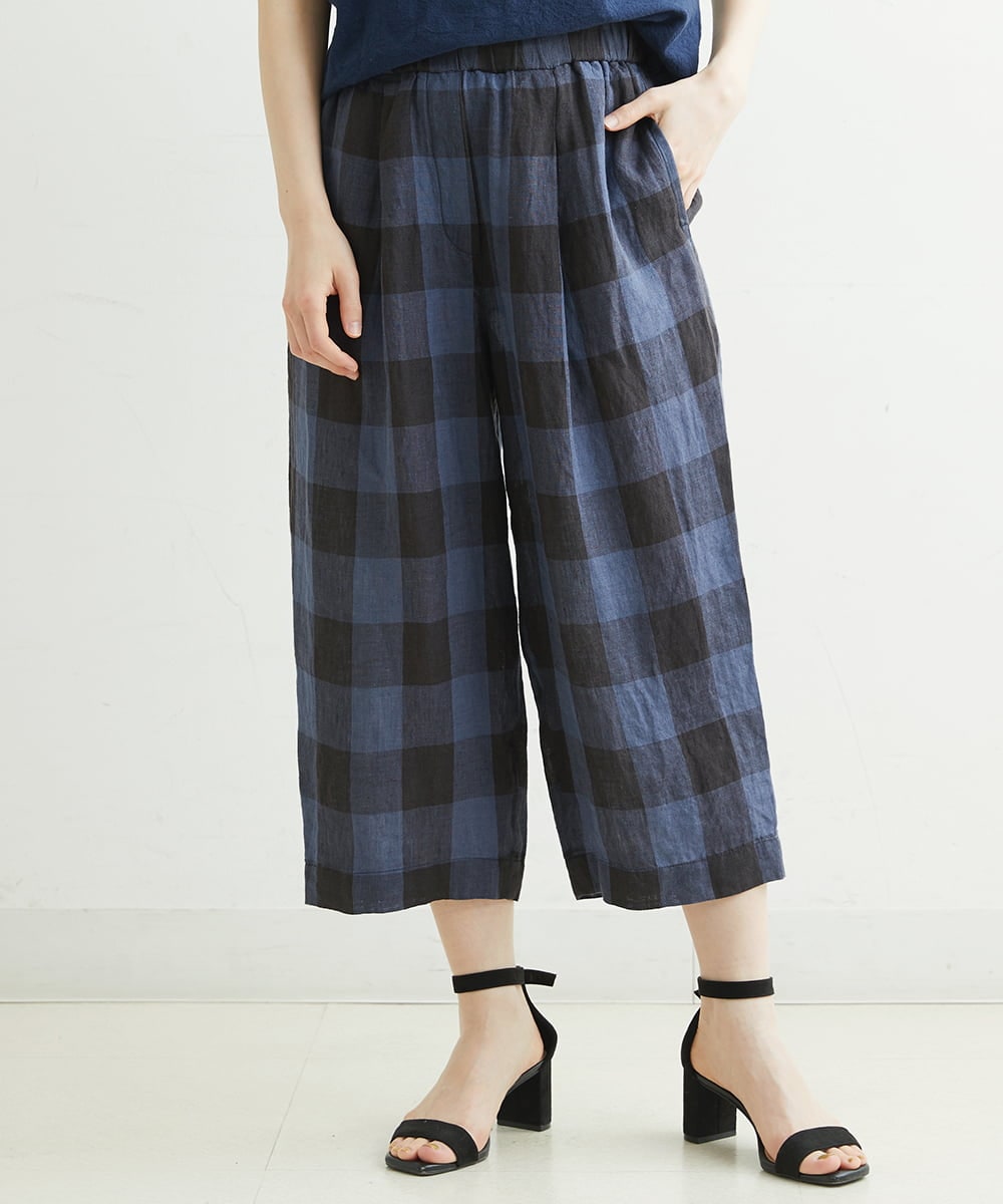 NHLGS10250 GIANNI LO GIUDICE(小さいサイズ)(メゾン ドゥ サンク) 先染めリネンブロックチェックパンツ ネイビー×ブラック