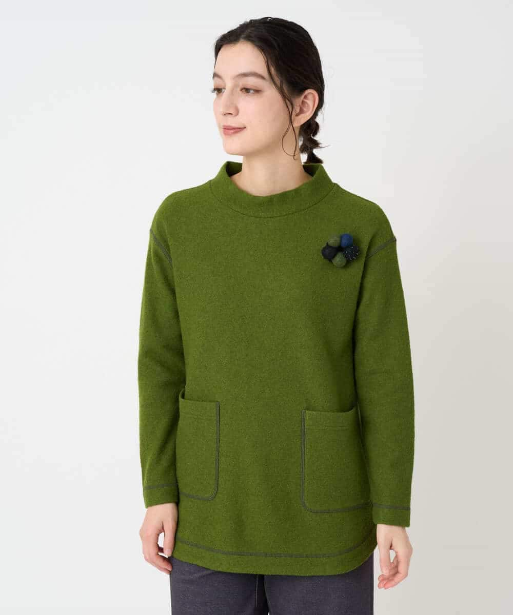 NHPAF18270 GIANNI LO GIUDICE(小さいサイズ)(メゾン ドゥ サンク) [日本製]ウールマイクロループスクランブル編みチュニックカットソー グリーン