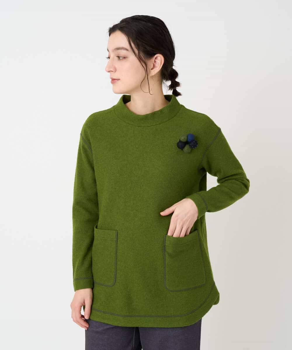 NHPAF18270 GIANNI LO GIUDICE(小さいサイズ)(メゾン ドゥ サンク) [日本製]ウールマイクロループスクランブル編みチュニックカットソー グリーン