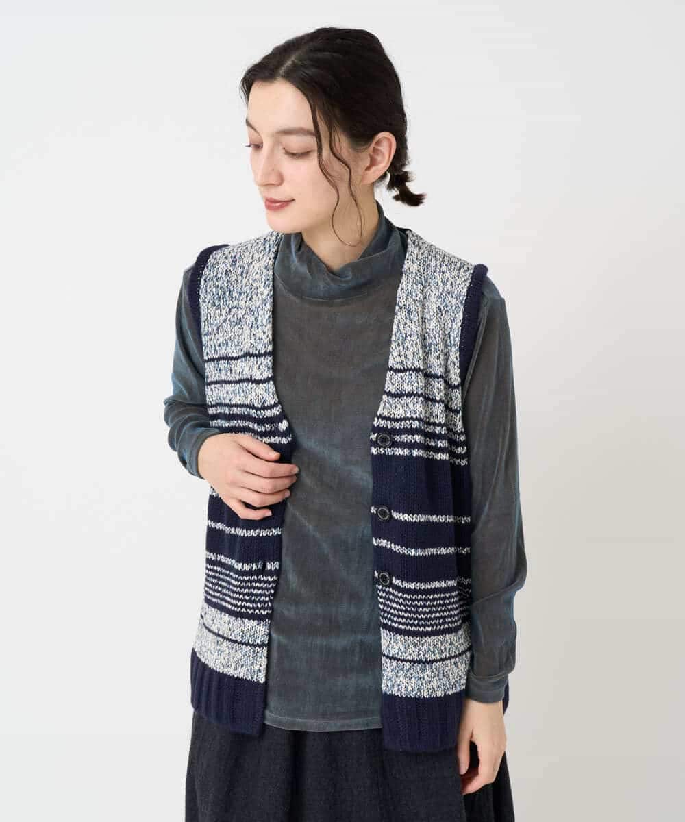 NHSCF50240 GIANNI LO GIUDICE(小さいサイズ)(メゾン ドゥ サンク) カスリパネルボーダーニットベスト グリーン