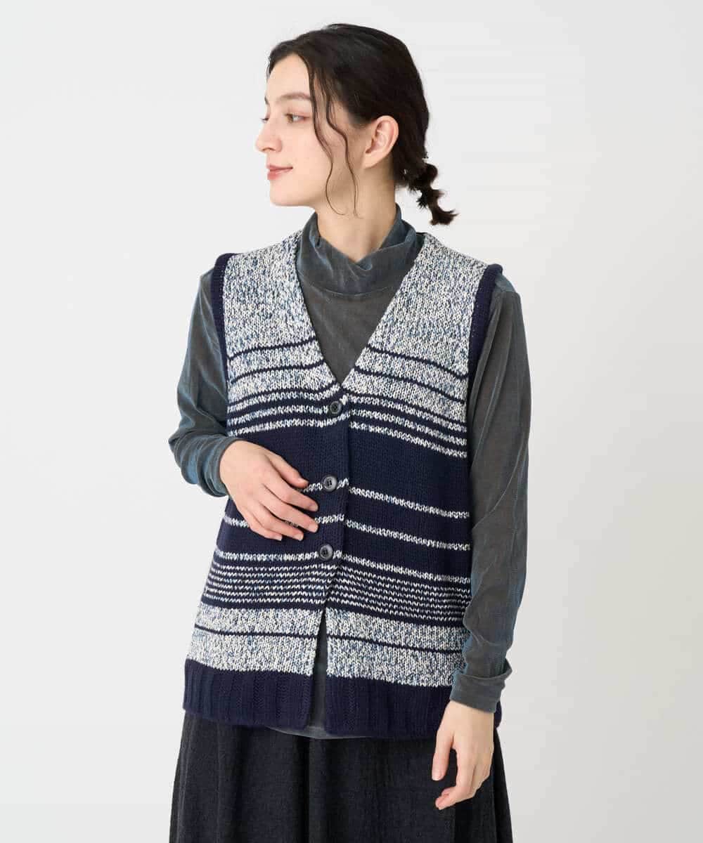 NHSCF50240 GIANNI LO GIUDICE(小さいサイズ)(メゾン ドゥ サンク) カスリパネルボーダーニットベスト グリーン