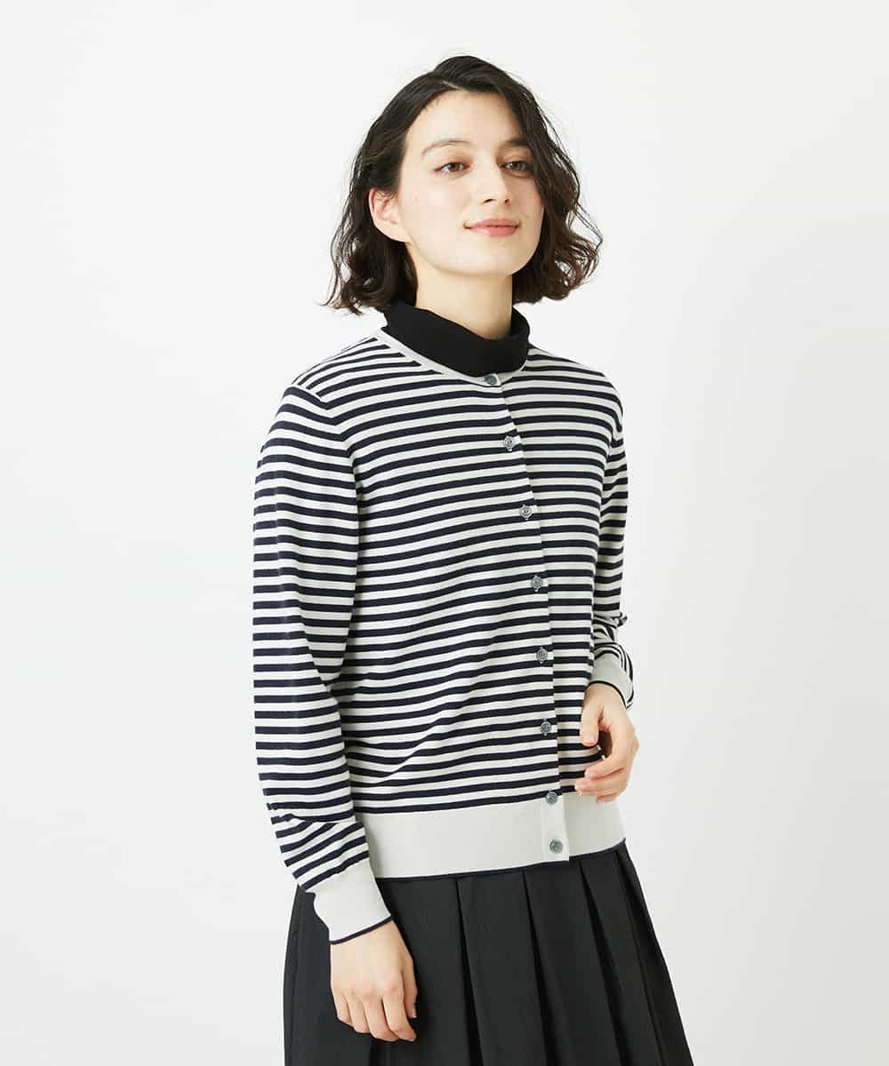 NHSEF80180 GIANNI LO GIUDICE(小さいサイズ)(メゾン ドゥ サンク) [アンサンブル対応]クルーネックニットカーディガン ネイビー（ボーダー柄）