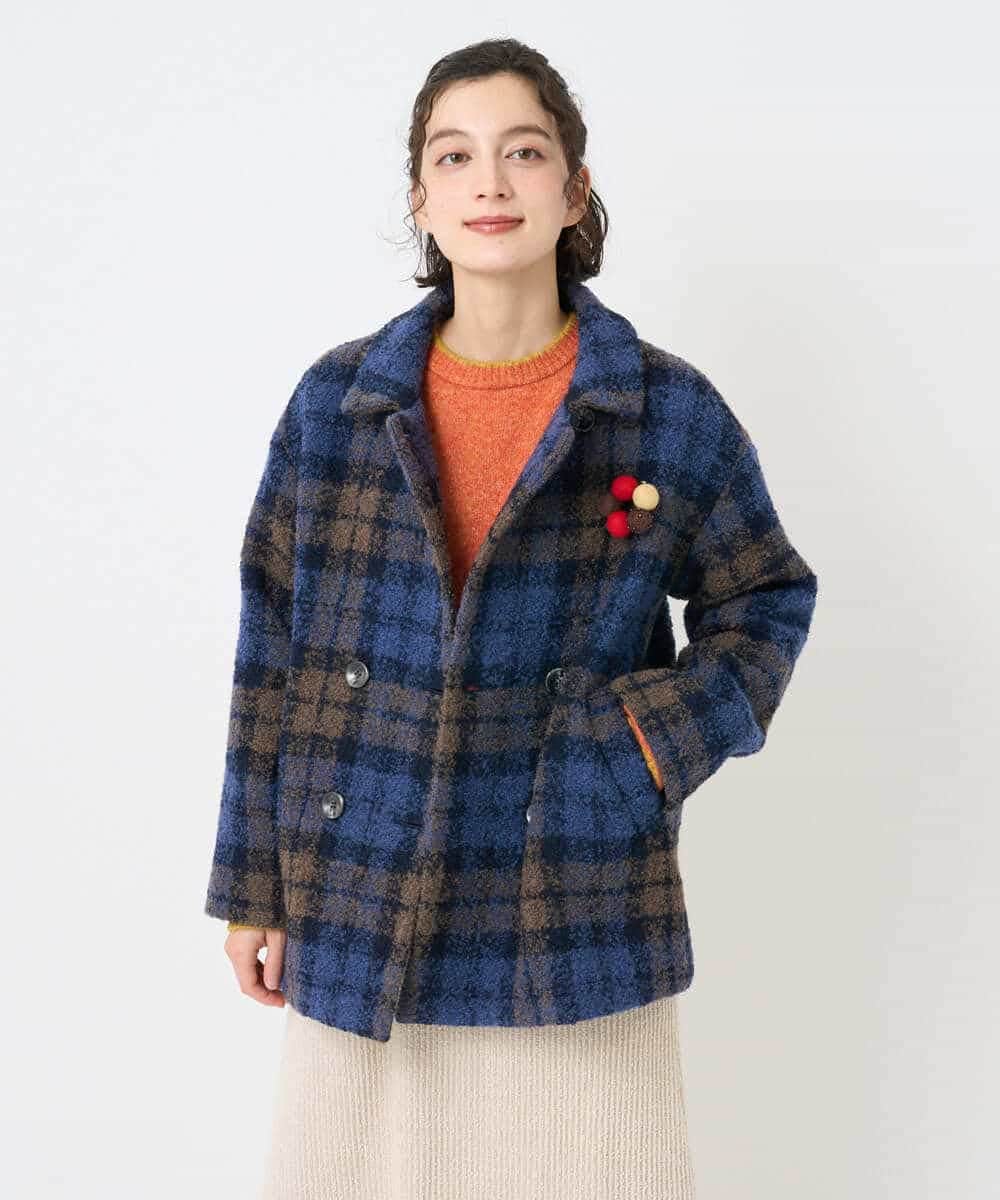 NHVAE33690 GIANNI LO GIUDICE(小さいサイズ)(メゾン ドゥ サンク) ループチェックウールコート ネイビー系