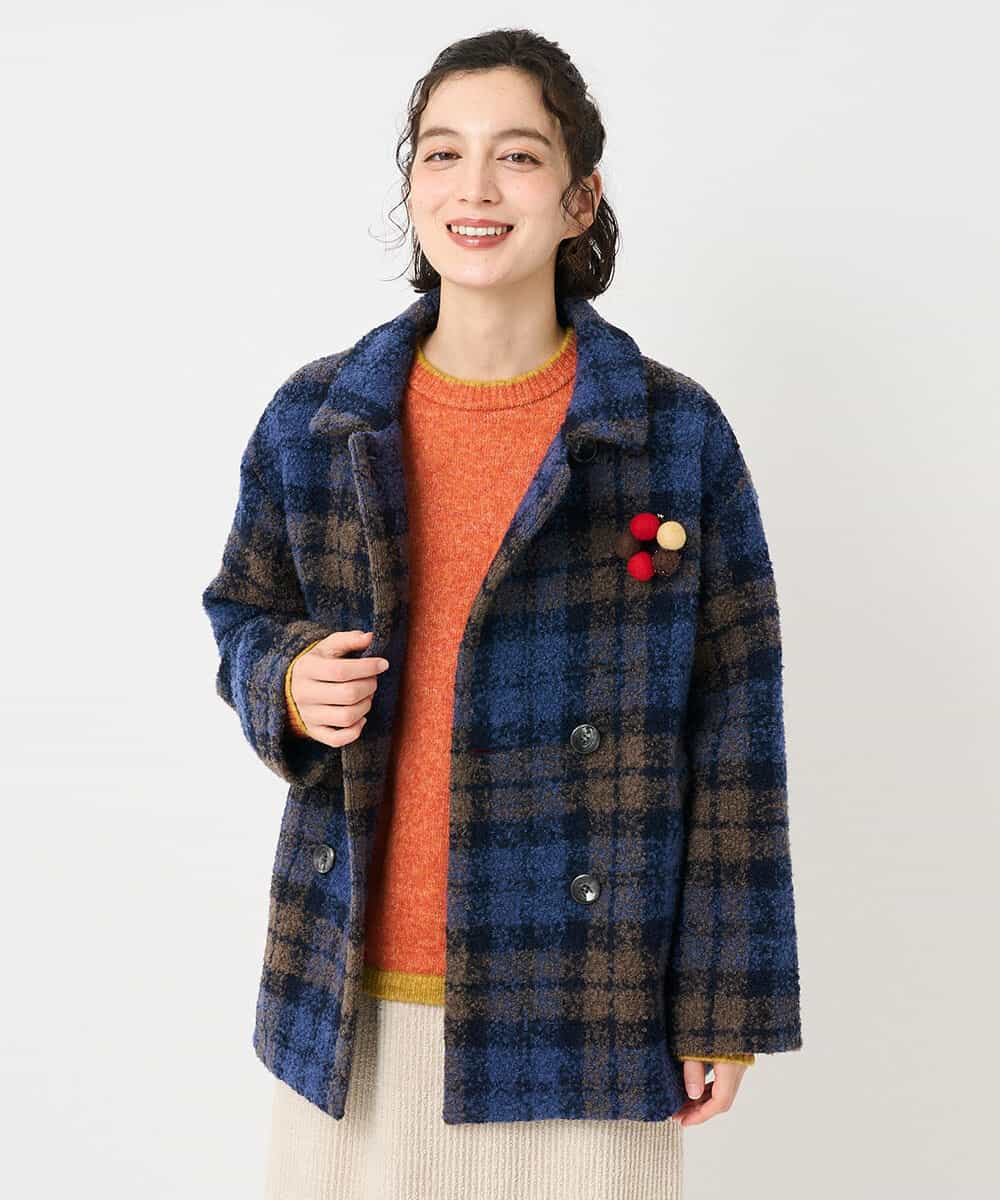 NHVAE33690 GIANNI LO GIUDICE(小さいサイズ)(メゾン ドゥ サンク) ループチェックウールコート ネイビー系