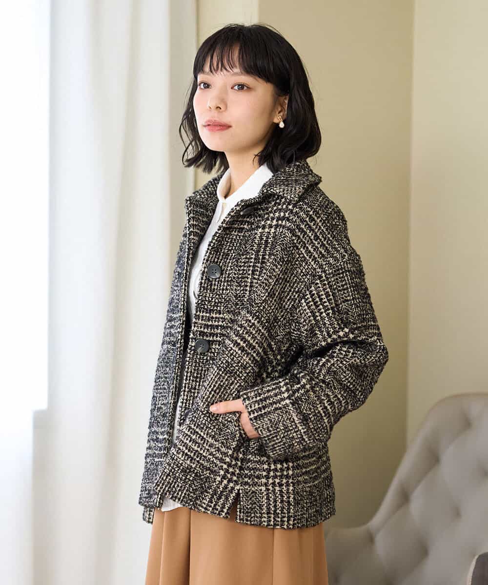 NHVAH36690 GIANNI LO GIUDICE(小さいサイズ)(メゾン ドゥ サンク) [日本製]グレンチェックツイードコート ブラック
