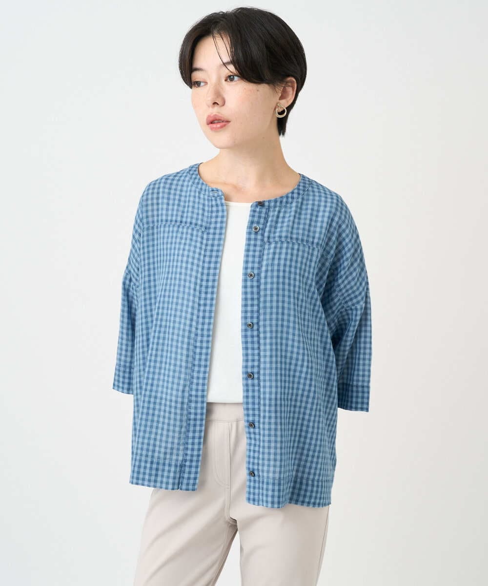NSBJC94330 Maison de CINQ(メゾン ドゥ サンク) チェック柄バックギャザーデザインシャツ ライトブルー