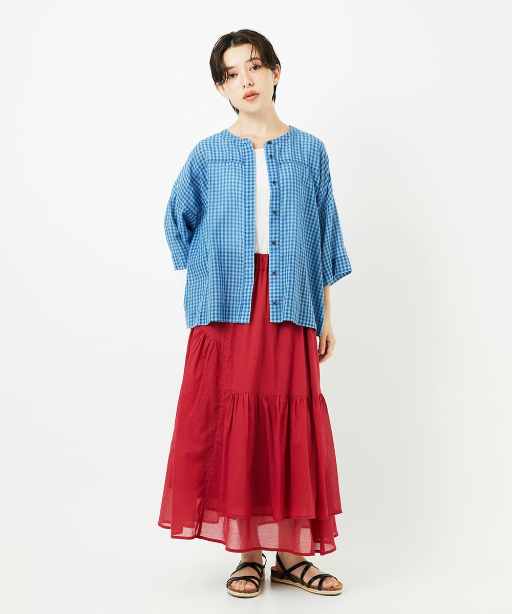 NSBJC94330 Maison de CINQ(メゾン ドゥ サンク) チェック柄バックギャザーデザインシャツ ライトブルー