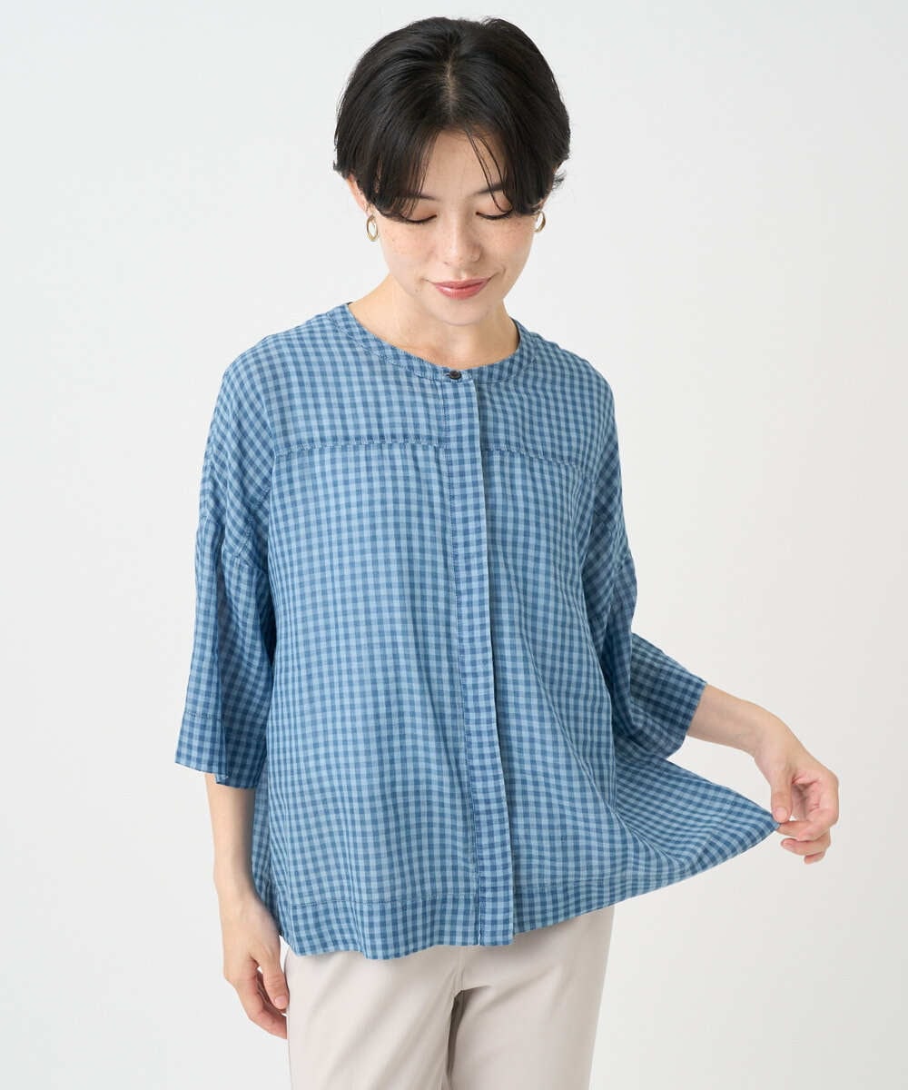 NSBJC94330 Maison de CINQ(メゾン ドゥ サンク) チェック柄バックギャザーデザインシャツ ライトブルー