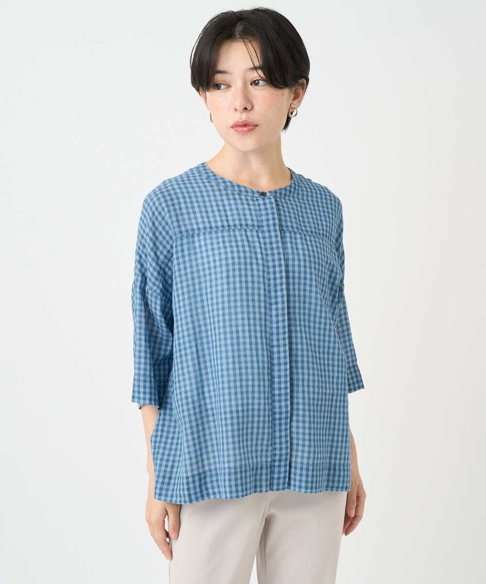 NSBJC94330 Maison de CINQ(メゾン ドゥ サンク) チェック柄バックギャザーデザインシャツ ライトブルー