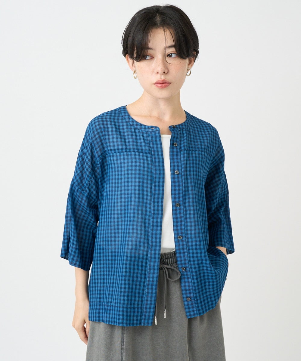 NSBJC94330 Maison de CINQ(メゾン ドゥ サンク) チェック柄バックギャザーデザインシャツ ライトブルー