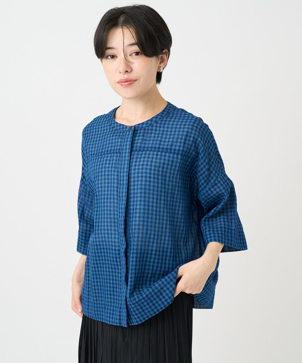 NSBJC94330 Maison de CINQ(メゾン ドゥ サンク) チェック柄バックギャザーデザインシャツ ライトブルー