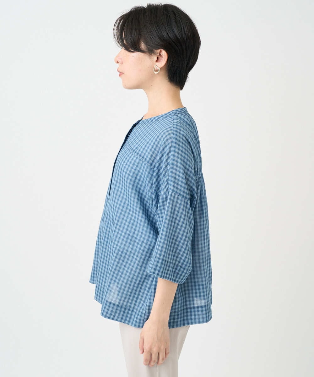 NSBJC94330 Maison de CINQ(メゾン ドゥ サンク) チェック柄バックギャザーデザインシャツ ライトブルー