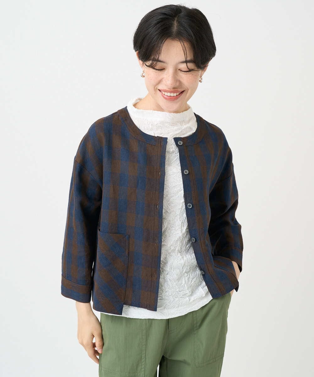 NSBJC95270 Maison de CINQ(メゾン ドゥ サンク) リネンチェックブラウス ブラウン