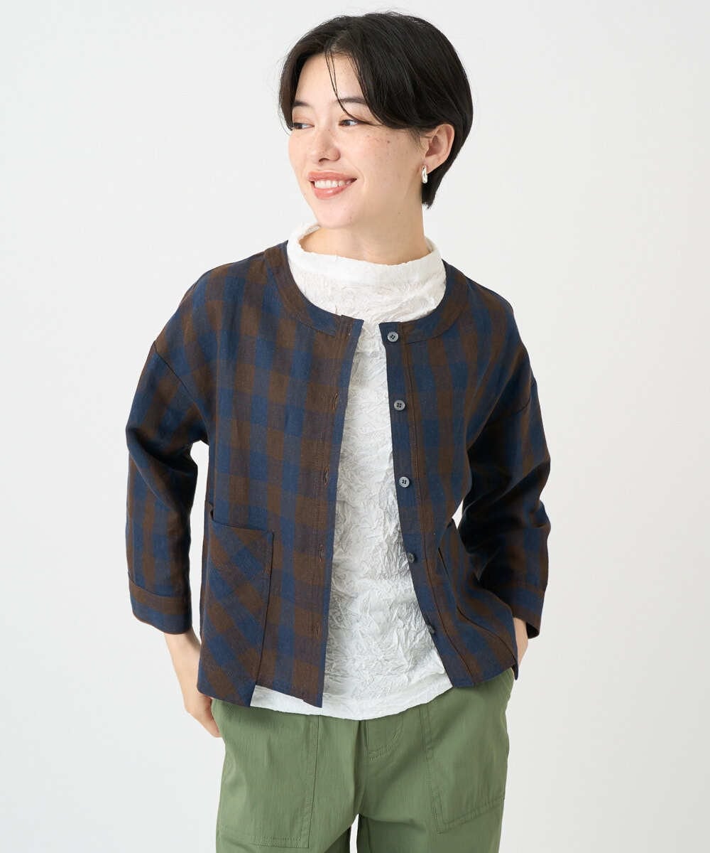 NSBJC95270 Maison de CINQ(メゾン ドゥ サンク) リネンチェックブラウス ブラウン