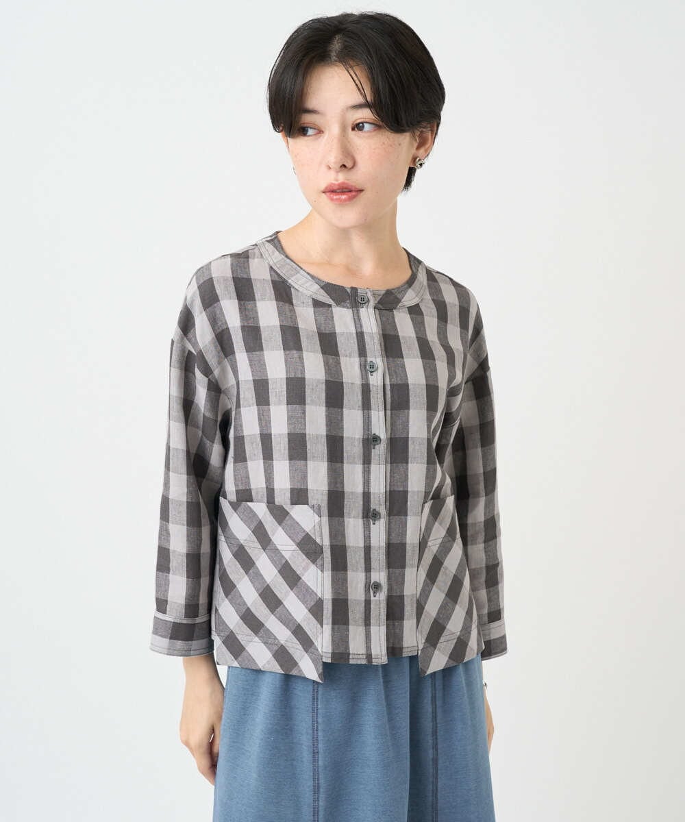NSBJC95270 Maison de CINQ(メゾン ドゥ サンク) リネンチェックブラウス ブラウン
