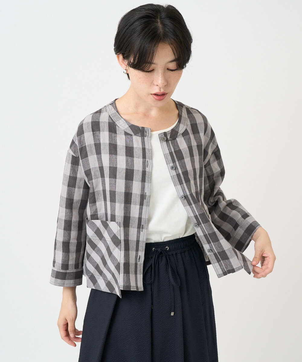 NSBJC95270 Maison de CINQ(メゾン ドゥ サンク) リネンチェックブラウス ブラウン