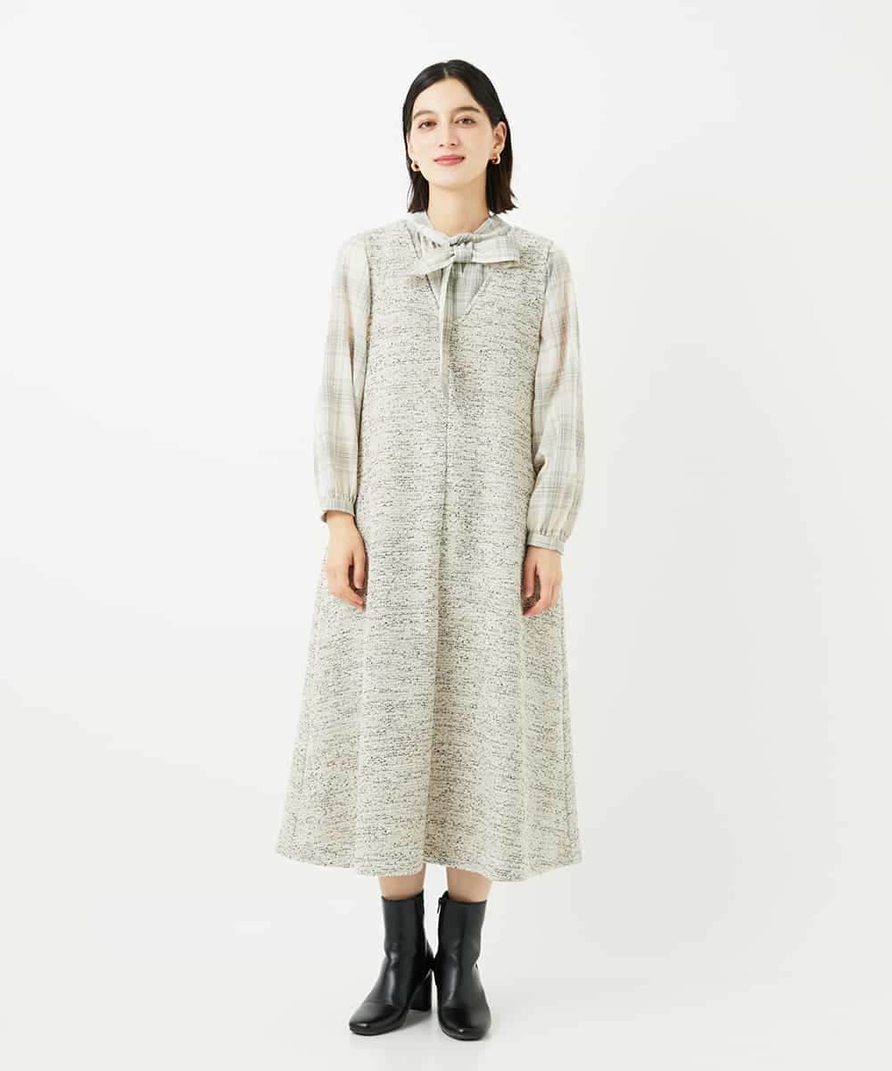 NSEAF85250 Maison de CINQ(メゾン ドゥ サンク) ニットツイードワンピース ダークグレー系
