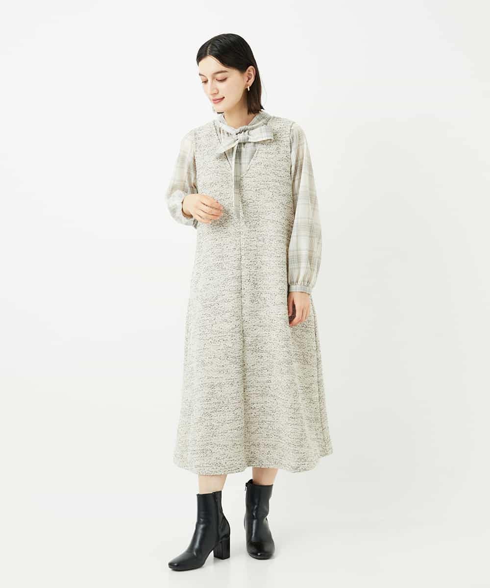 NSEAF85250 Maison de CINQ(メゾン ドゥ サンク) ニットツイードワンピース ダークグレー系
