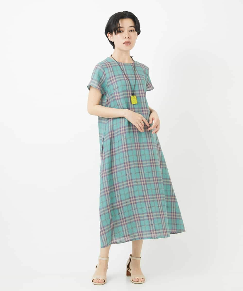 NSEHC91330 Maison de CINQ(メゾン ドゥ サンク) リネンチェックワンピース グリーン系