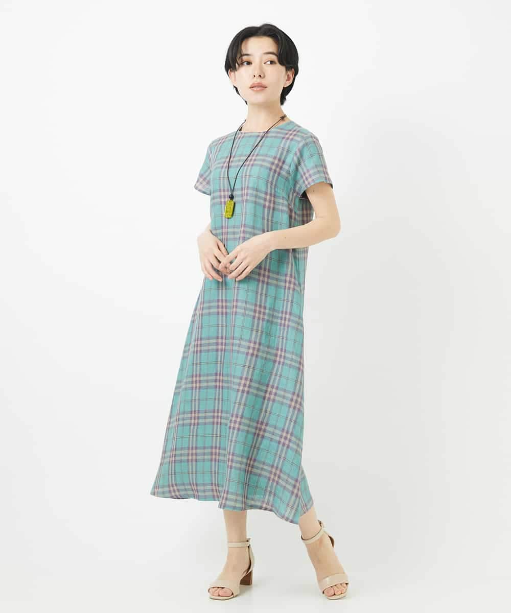 NSEHC91330 Maison de CINQ(メゾン ドゥ サンク) リネンチェックワンピース グリーン系