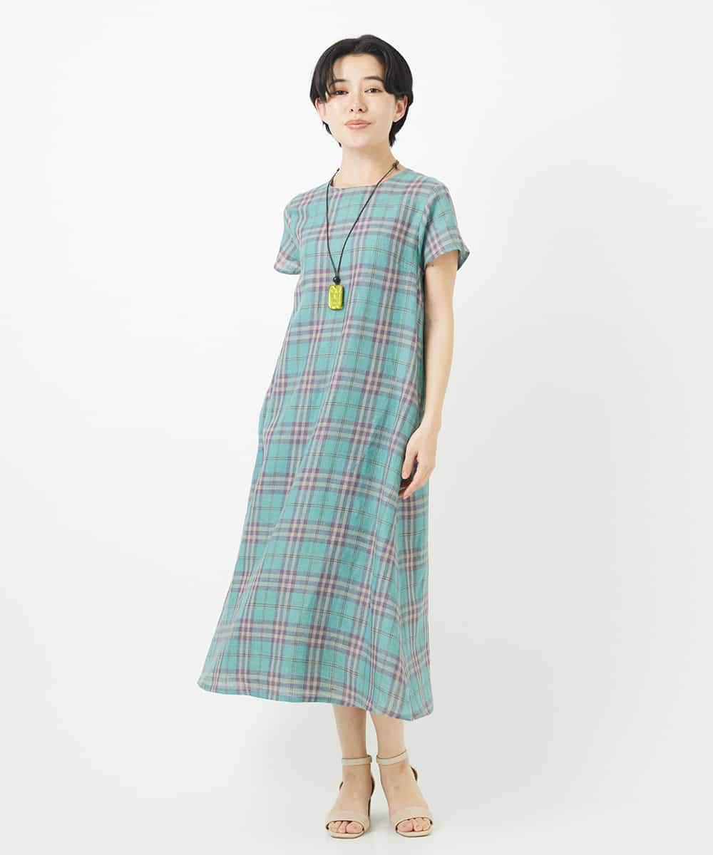 NSEHC91330 Maison de CINQ(メゾン ドゥ サンク) リネンチェックワンピース グリーン系