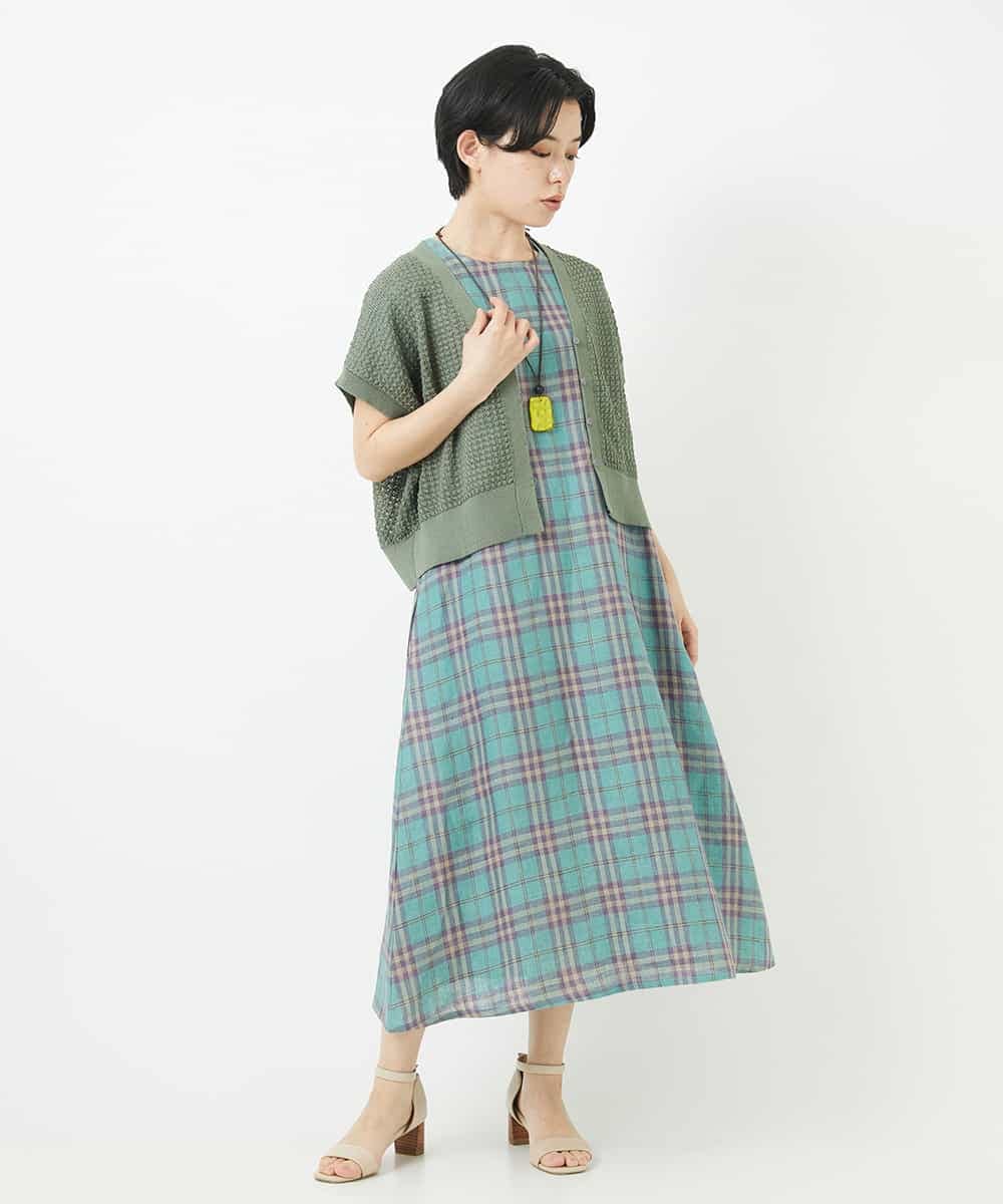 NSEHC91330 Maison de CINQ(メゾン ドゥ サンク) リネンチェックワンピース グリーン系