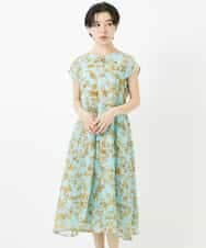 NSEHC92330 Maison de CINQ(メゾン ドゥ サンク) リーフ柄フレンチスリーブワンピース グリーン系
