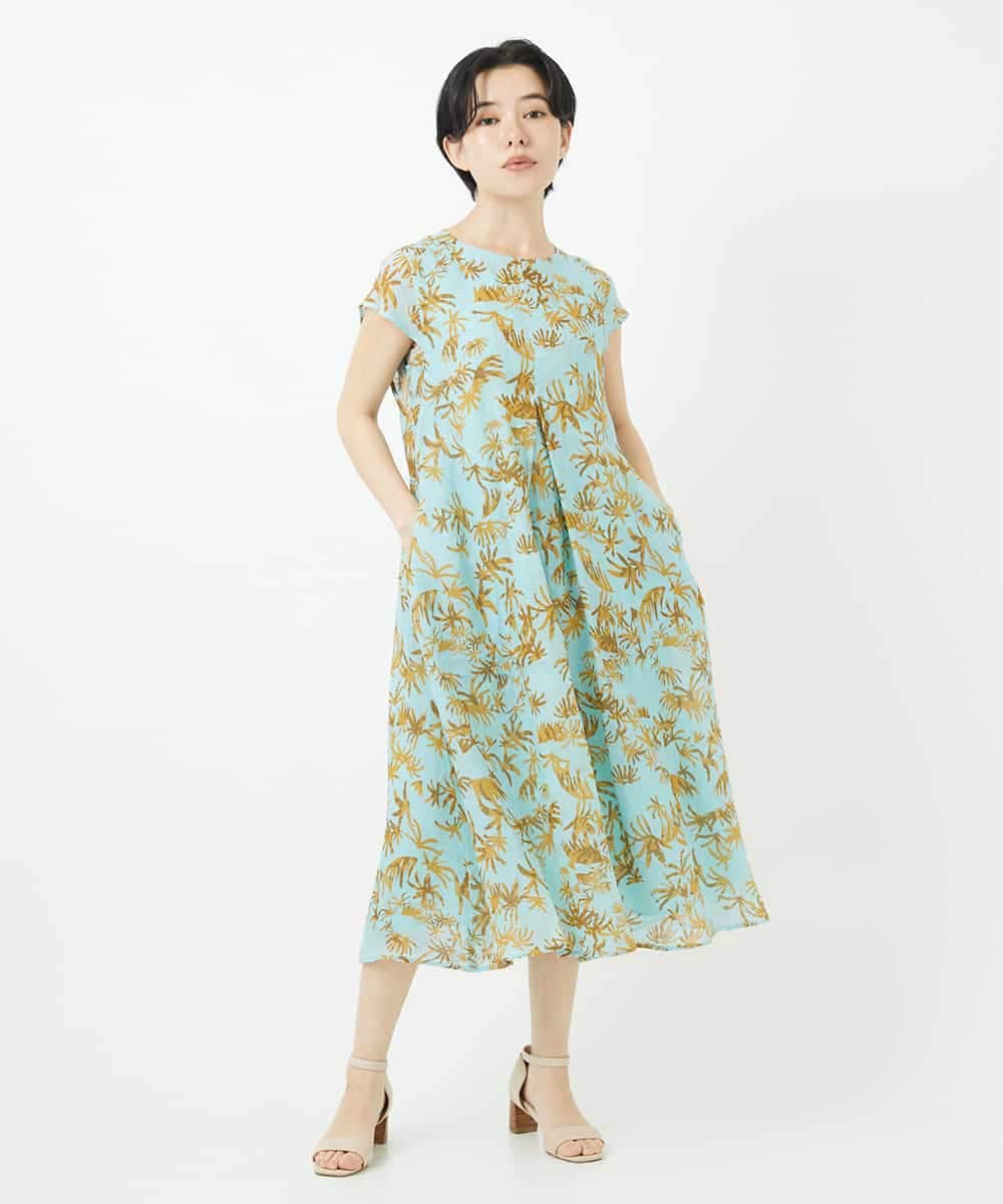 NSEHC92330 Maison de CINQ(メゾン ドゥ サンク) リーフ柄フレンチスリーブワンピース グリーン系