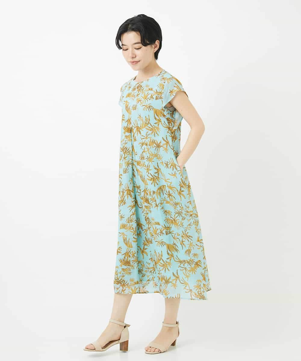 NSEHC92330 Maison de CINQ(メゾン ドゥ サンク) リーフ柄フレンチスリーブワンピース グリーン系