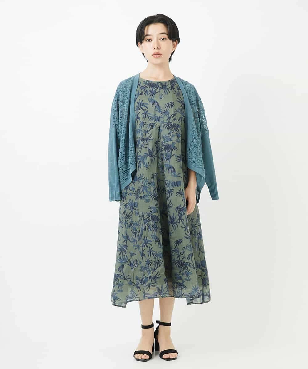 NSEHC92330 Maison de CINQ(メゾン ドゥ サンク) リーフ柄フレンチスリーブワンピース グリーン系