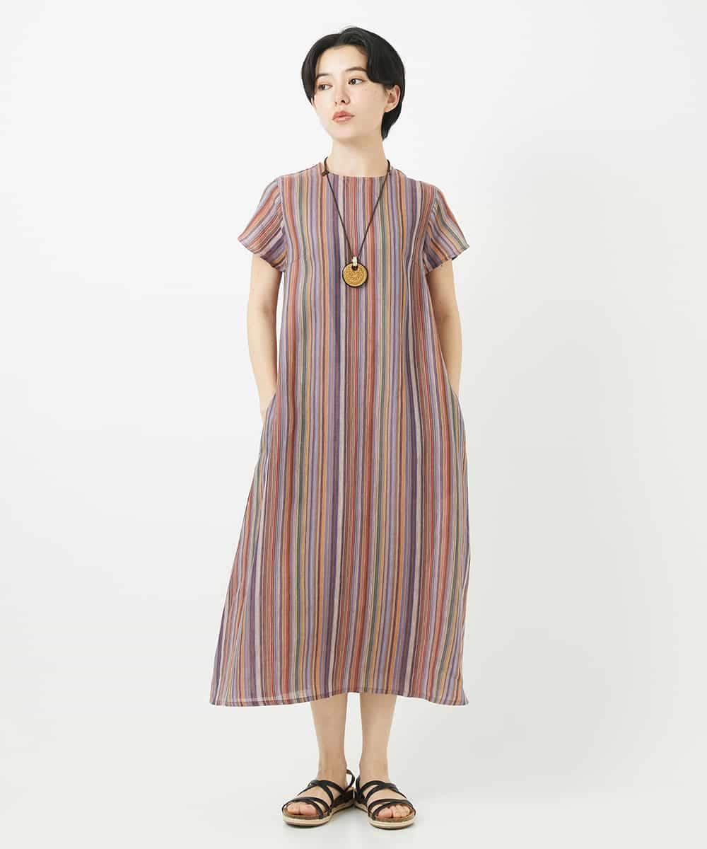 NSEHC93360 Maison de CINQ(メゾン ドゥ サンク) リネンマルチストライプワンピース パープル系