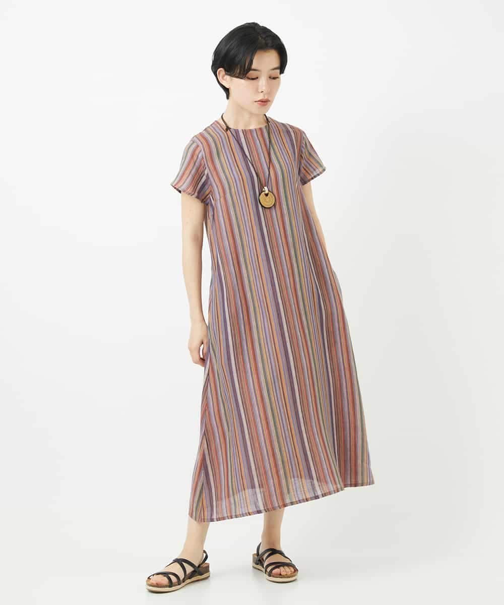 NSEHC93360 Maison de CINQ(メゾン ドゥ サンク) リネンマルチストライプワンピース パープル系