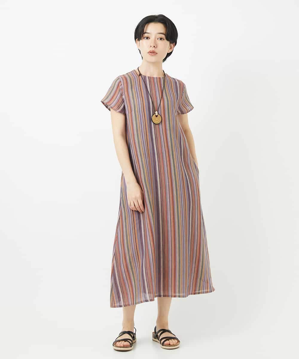NSEHC93360 Maison de CINQ(メゾン ドゥ サンク) リネンマルチストライプワンピース パープル系