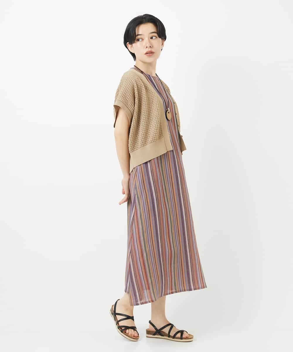 NSEHC93360 Maison de CINQ(メゾン ドゥ サンク) リネンマルチストライプワンピース パープル系