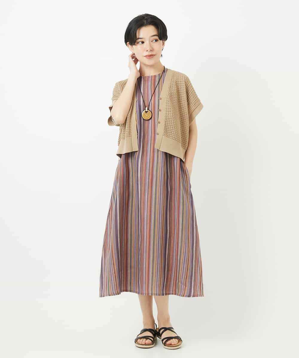 NSEHC93360 Maison de CINQ(メゾン ドゥ サンク) リネンマルチストライプワンピース パープル系