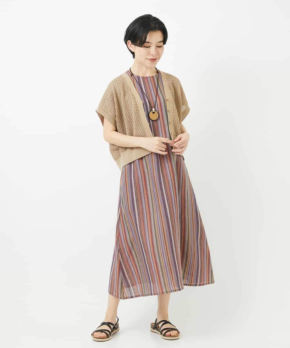 NSEHC93360 Maison de CINQ(メゾン ドゥ サンク) リネンマルチストライプワンピース パープル系