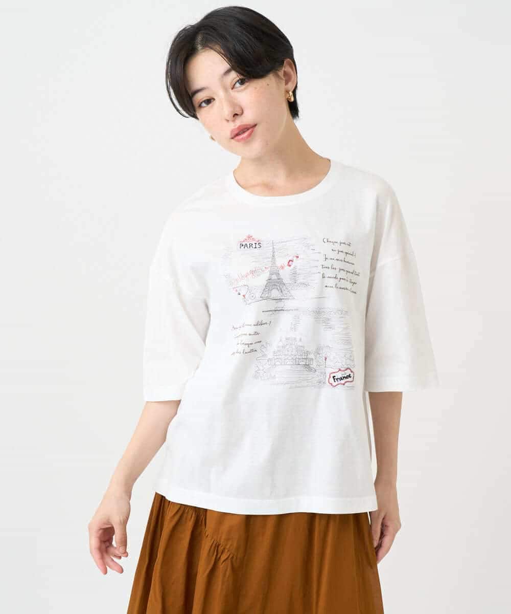 NSKJC94190 Maison de CINQ(メゾン ドゥ サンク) 風景刺しゅうTシャツ ホワイト