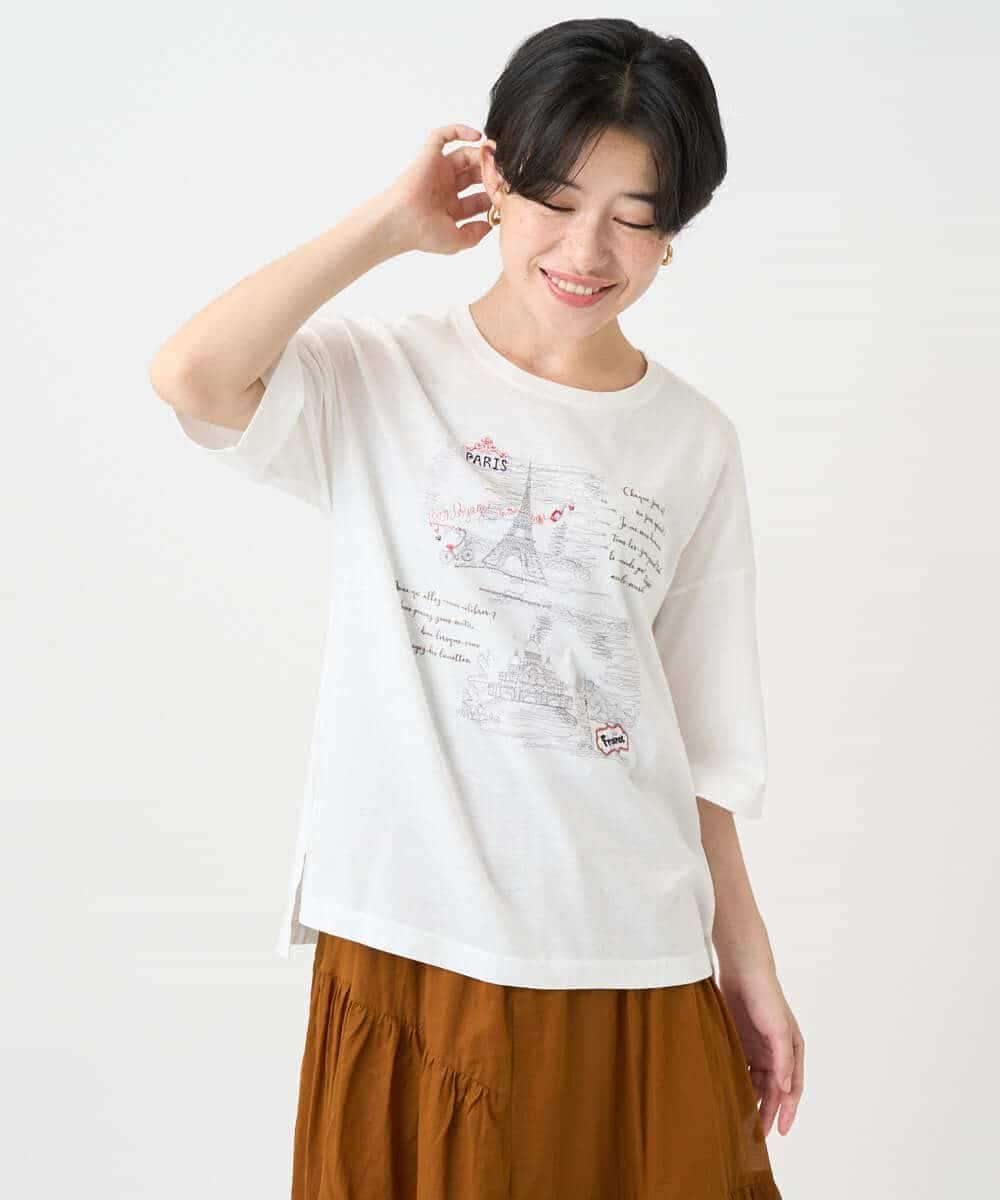 NSKJC94190 Maison de CINQ(メゾン ドゥ サンク) 風景刺しゅうTシャツ ホワイト